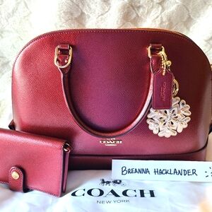 Coach Sierra Satchel LARGE in Metallic Cherry Red, matching wristlet & charm